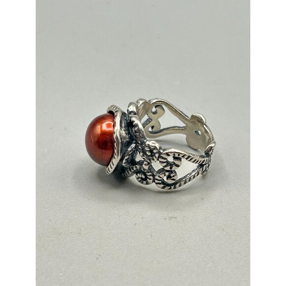 Rust Color Pearl Ring Size 4.5 Israel Didae 925 Ornate Filigree Pearl Cabochon - Picture 2 of 7